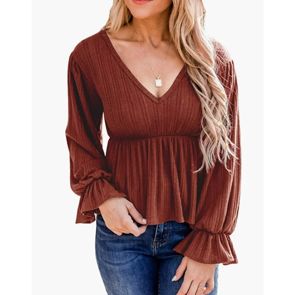 Coffee Ruffle Peplum Puff Sleeve V-Neck Long Lantern Sleeve Babydoll Top Blouse - Picture 4 of 7